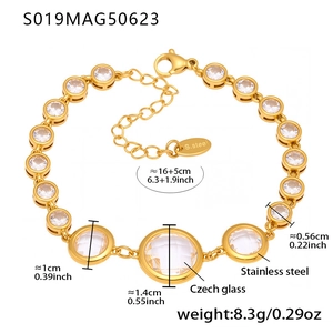 Detail view of gold stainless steel anklet with Czech glass charms and size dimensions