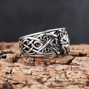 Silver Viking wolf head ring with Celtic knot patterns in vintage stainless steel finish