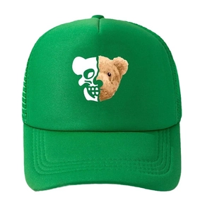 Fashionable green trucker hat with cartoon bear skull print and breathable mesh back