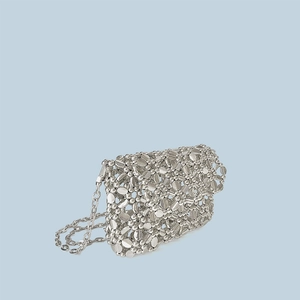 Detailed view of handmade silver metallic beaded mesh crossbody bag with chain strap