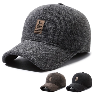 Men Winter Baseball Cap With Foldable Earflaps Herringbone Woolen Warm Windproof Thickened Fleece Lined Hat Retro Outdoor