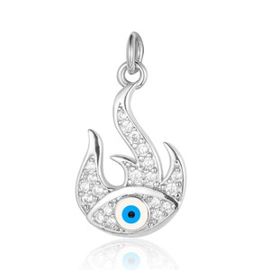 Flame shaped pendant with blue evil eye design and clear sparkling zircon stones