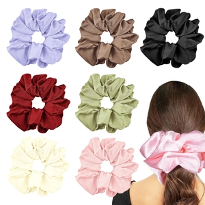 Set of 8 elastic satin hair scrunchies in various colors including model display
