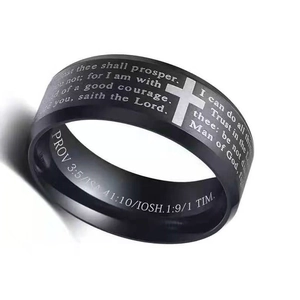 Black matte stainless steel ring with laser-engraved Bible verses and a cross symbol