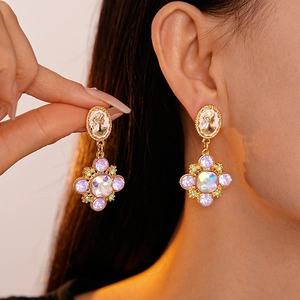 Vintage French Court Cameo Portrait Drop Earrings With Silver Earring Post Copper Rhinestone Flower For Women