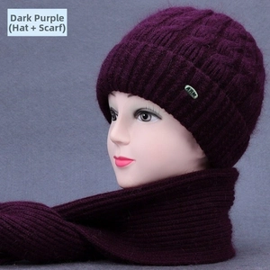 Detail of dark purple knitted winter hat and scarf set for elderly women with warm lining