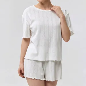 Women Pajamas Top And Shorts Loungewear Cotton Blend Pointelle Knit Lettuce Edge Ruffle Summer Sleepwear Casual