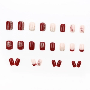 Square red rose press-on nails with wine red gradient and glitter accents, 24 piece set