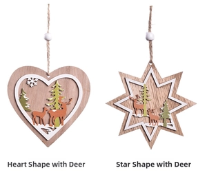 Detail of wooden star and heart Christmas ornaments with laser-cut elk and tree patterns