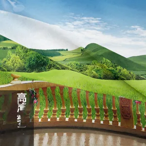 Detail showing high-definition printing on a scenic wall tapestry with rolling green hills