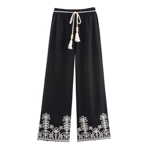 Pantaloni Dritti Donna Ricamo Traforato Bohemien Vacanza Pantaloni Casual Vita Elastica Con Nappa Perline Di Legno