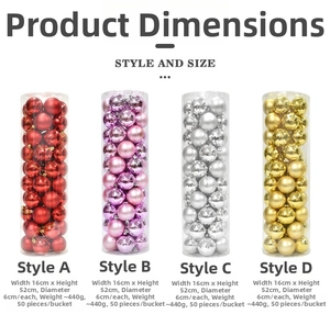 Detailed size specifications for 6cm electroplated Christmas balls in 52cm tall packaging