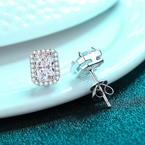S925 sterling silver stud earrings with emerald cut moissanite and halo diamond setting