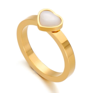 Minimalist gold plated ring featuring a heart shaped cat eye stone on a wide flat band