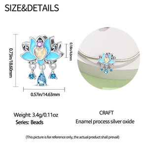 Detailed size chart for luminous lotus charm bead in silver with blue enamel finish
