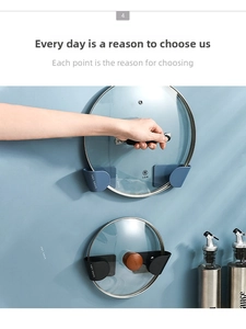 Detail of blue and black wall-mounted kitchen pot lid racks with U-shaped slots