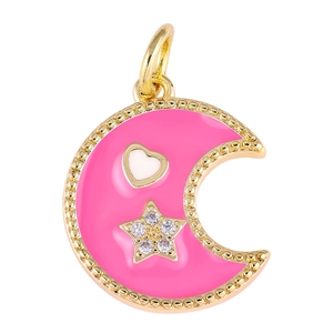 Macro view of a gold-plated crescent moon pendant with pink enamel heart and starry crystals