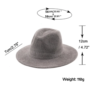 Gray chenille jazz hat size guide showing 56-58cm head circumference and 7cm brim