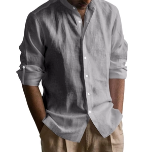 Detailed texture of grey linen cotton long sleeve shirt with mandarin collar for men