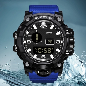 Waterproof digital sports watch for men with black and blue large dial and fabric strap