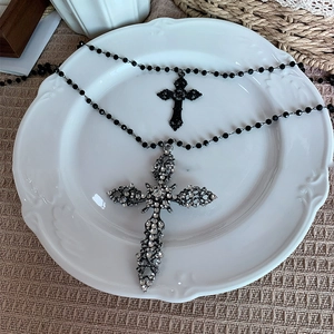 Gothic hollow cross pendant necklaces with rhinestones and black beaded chain