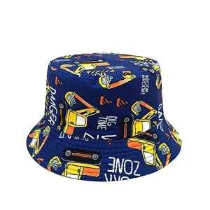 Kids reversible bucket hat with excavator print and detailed size chart measurements