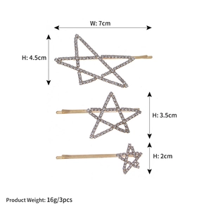 Three-piece set of golden rhinestone star hair clips with detailed size measurements