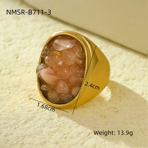 Detail view of gold vintage geometric ring with pink quartz stone, size 2.4cm by 1.68cm