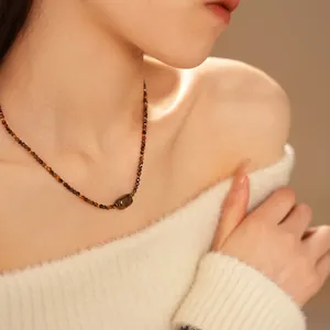 Artificial Tiger Eye Stone Beaded Necklace Copper Geometric Pendant Clavicle Chain For Women Vintage Jewelry