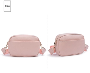 Dettagli della borsa a tracolla in pelle rosa con tracolla larga e fibbie metalliche oro