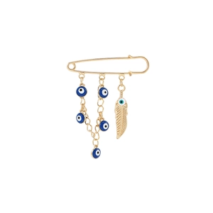 Detail of gold brooch with blue evil eye pendants and a golden feather tassel