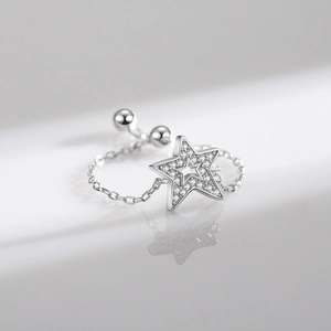 Adjustable S925 silver star ring with micro-paved crystals and sliding bead design