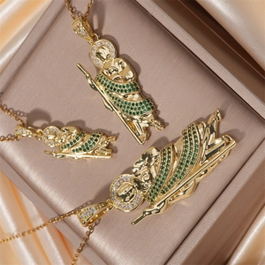 Saint Jude religious pendant with gold finish and green cubic zirconia in various sizes