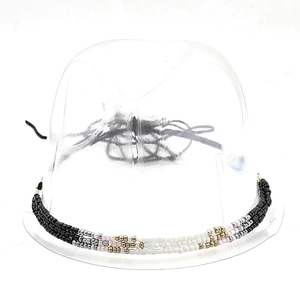 Detailed view of a multi-color beaded hat band featuring black, pink, and silver weave