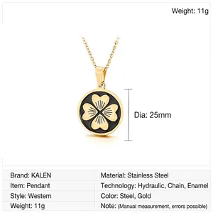 Detailed view of a 25mm gold stainless steel round necklace with black four-leaf clover inlay