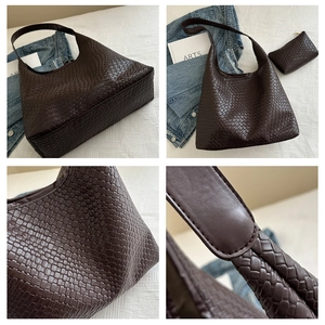 Detailed views of dark brown woven tote bag showing leather texture and pouch
