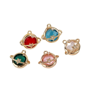 Set of five planet-shaped pendants with gold-plated mesh borders and colorful faceted crystals
