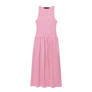Robe Midi À Smocks Vichy Sans Manches Seersucker Col Rond Rose Blanc À Carreaux Coupe Trapèze Style Vacances Femmes