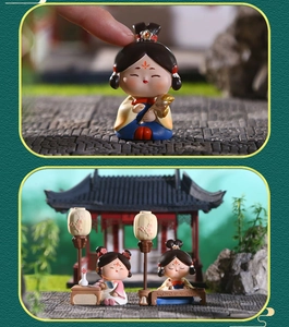 Macro detail of Tang dynasty style resin figurines with traditional Chinese scenery