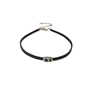 Black faux leather choker necklace featuring a polished silver-tone CD metal logo pendant