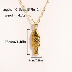Detailed view of gold tropical fish pendant necklace with size and weight dimensions