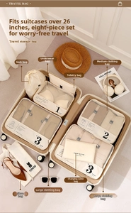 Top-down view of 8-piece beige travel organizer set neatly packed in a suitcase