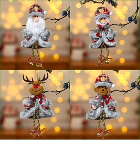 Set of four plush Christmas ornaments including Santa, Snowman, Reindeer, and Bear dolls