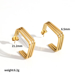 18k gold plated geometric triple line stainless steel earrings with dimensions 21.2x6.5mm
