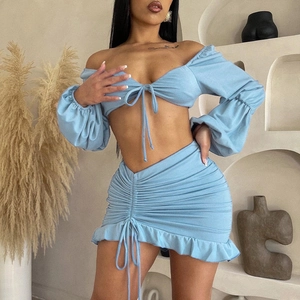 Haut Tube Évidé Et Mini Jupe Sexy Femmes Cordon Serrage Polyester Élasthanne Manches Longues Streetwear Bodycon