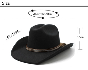 Detailed sizing guide for black western cowboy hat with studded leather band and fringe