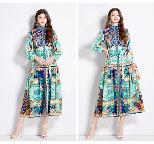 Robe à imprimé ethnique fleuri avec manches lanternes et cordon de taille à glands