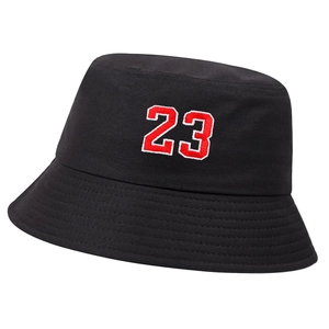 Modern black cotton bucket hat with red number 23 embroidery for summer sports fashion