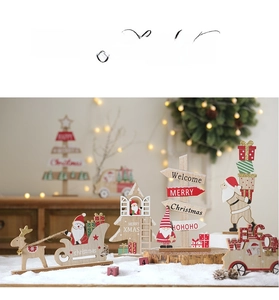 Detailed view of handcrafted wooden Christmas tabletop ornaments with festive painted motifs