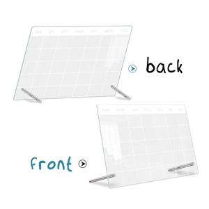 Front and back view of clear acrylic weekly planner with metal stands and week grid